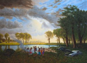 A grassy area at the edge of a forest with a reflective pond in the background. At the bottom left, a group of people wearing colourful skirts and no shirts dance in a circle, some of them holding feathers. A trail of smoke emerges from the centre. To the right, an old-fashioned black car with its door hanging open and a grey car with its front hood lifted are parked in the grass. Just visible on the horizon is a large, government-style building amid a yellow sky that darkens to grey-blue at the top. “Shame and Prejudice: A Story of Resilience by Kent Monkman” is overlaid on the image in white text.