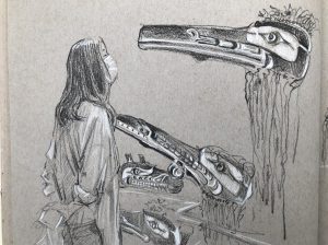 A black and white sketch of a person wearing a mask, looking at Northwest Coast masks in MOA’s Multiversity Galleries.