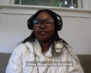 Titilope Salami speaks on Zoom. CC text says: I mean African art as, the prices.