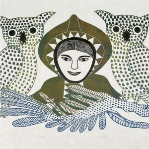 Ink print of a woman wearing a fur coat with a hood. Owls are on either side of her, sitting on a branch.