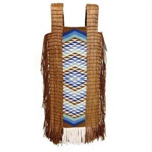 A woven tunic-like dress made from cedar, with an inset wool panel featuring geometric Coast Salish designs.
